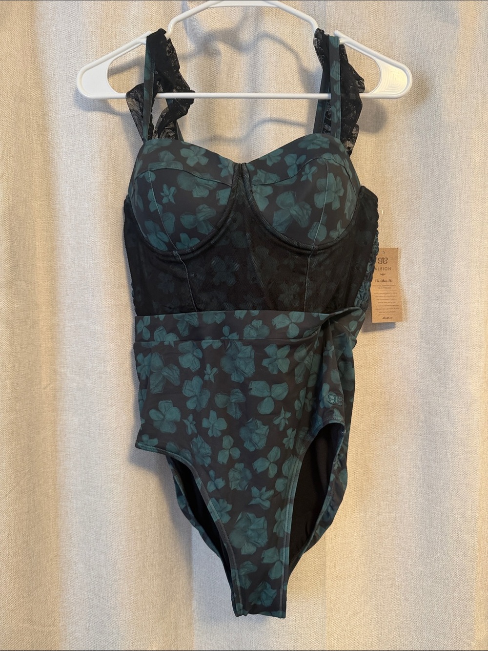 Teal Floral Underwire One-Piece Swimsuit with Lace Straps